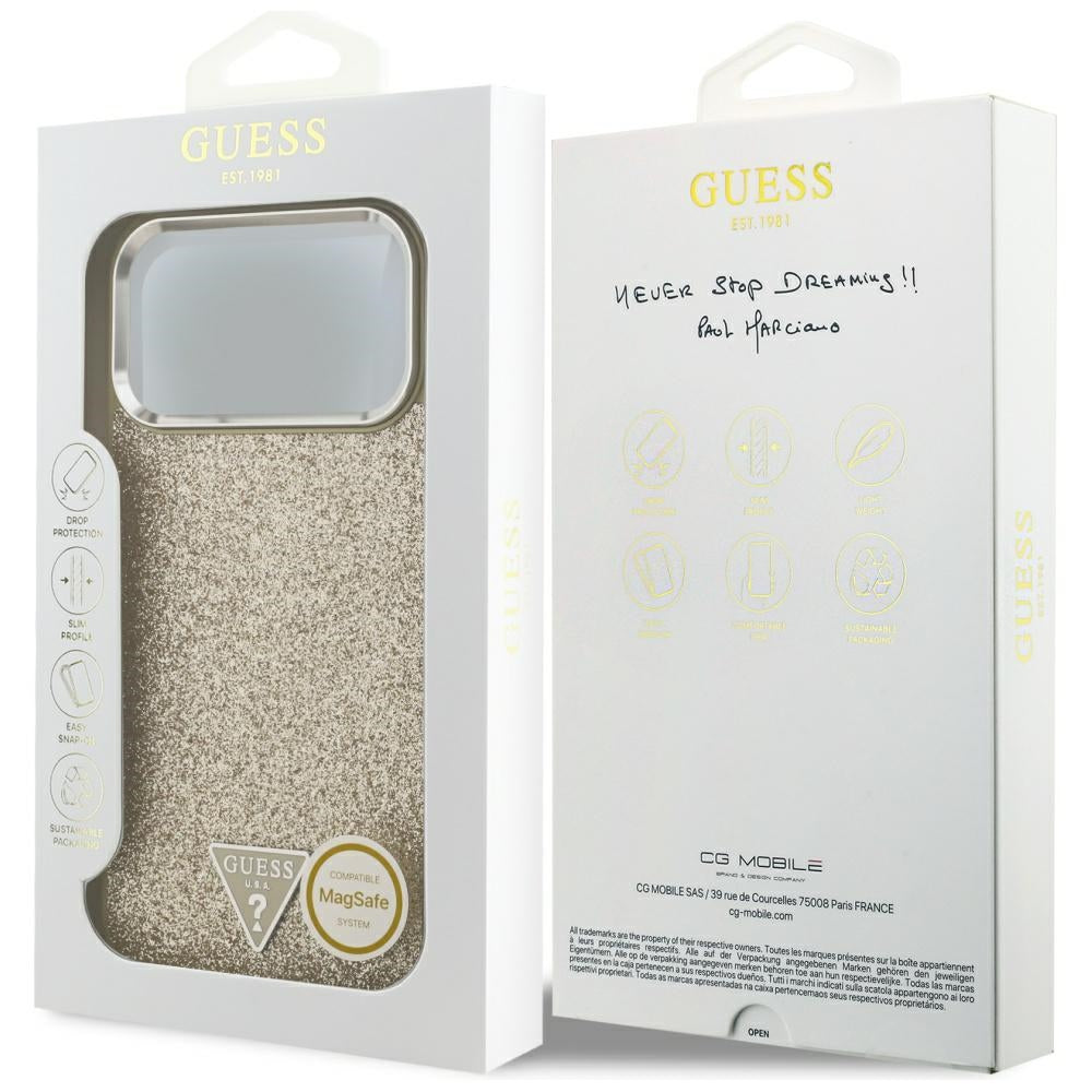 MagSafe tok Apple iPhone 17 Pro Max-hez, Guess, Glitter Triangle Logo, Arany