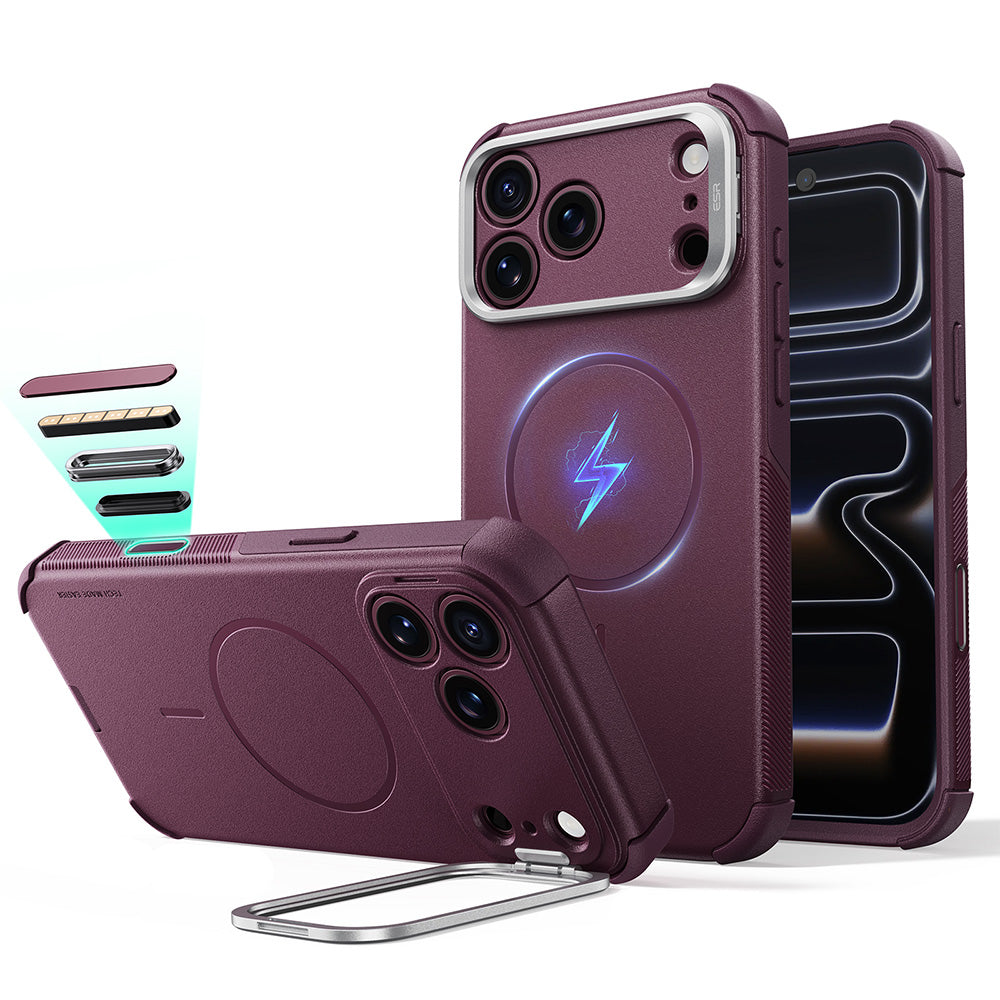 MagSafe tok Apple iPhone 18 Pro / 17 Pro-hoz, ESR, Cyber Armor Kickstand, Sötétbordó Szatén