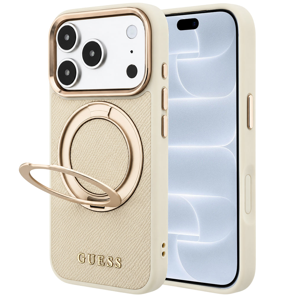 MagSafe Case for Apple iPhone 18 Pro / 17 Pro, Guess, Grained Ring Stand 360 Classic, Beige