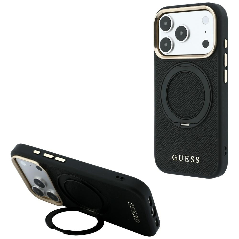 MagSafe tok Apple iPhone 18 Pro / 17 Pro készülékhez, Guess Grained Ring Stand 360 Classic, fekete