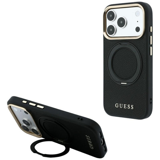 MagSafe tok Apple iPhone 18 Pro / 17 Pro készülékhez, Guess Grained Ring Stand 360 Classic, fekete