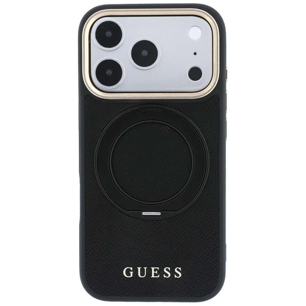 MagSafe tok Apple iPhone 18 Pro / 17 Pro készülékhez, Guess Grained Ring Stand 360 Classic, fekete