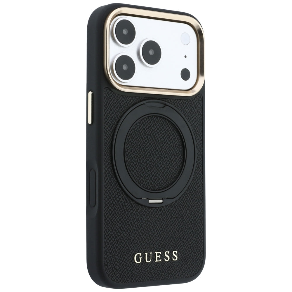 MagSafe tok Apple iPhone 18 Pro / 17 Pro készülékhez, Guess Grained Ring Stand 360 Classic, fekete