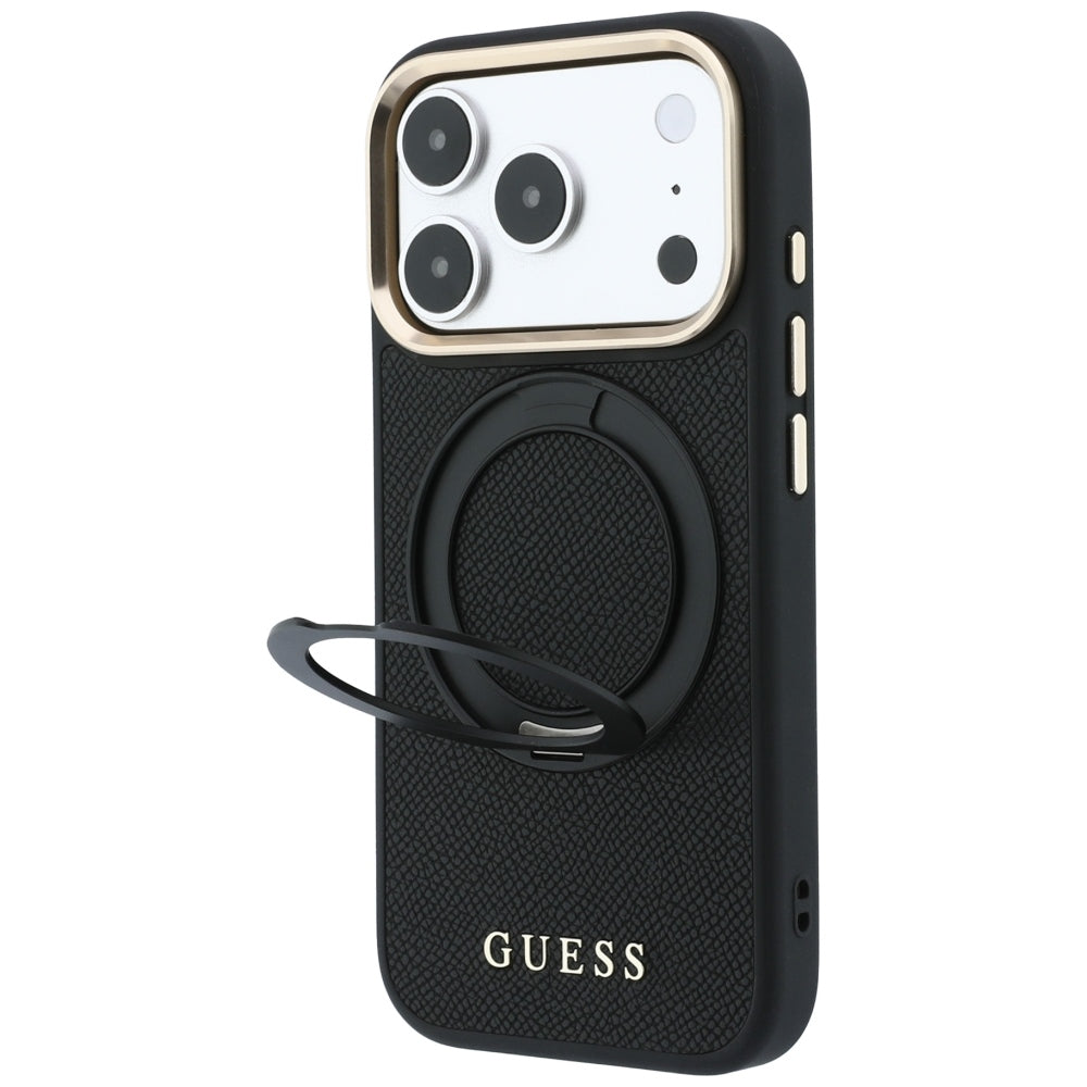 MagSafe tok Apple iPhone 18 Pro / 17 Pro készülékhez, Guess Grained Ring Stand 360 Classic, fekete