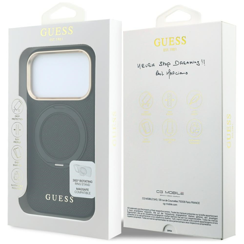MagSafe tok Apple iPhone 18 Pro / 17 Pro készülékhez, Guess Grained Ring Stand 360 Classic, fekete
