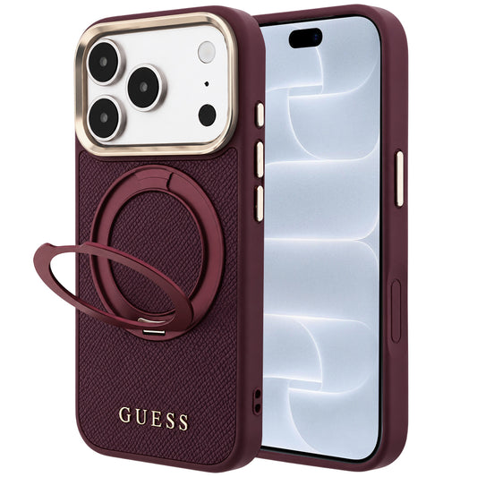 MagSafe tok Apple iPhone 18 Pro / 17 Pro készülékhez, Guess, Grained Ring Stand 360 Classic, bordó