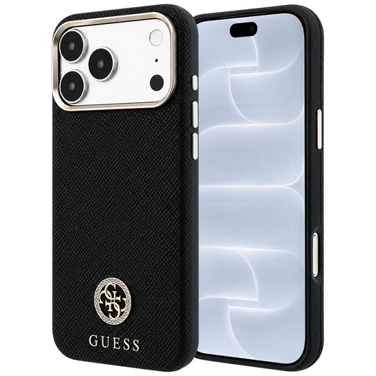 MagSafe tok Apple iPhone 18 Pro / 17 Pro-hoz, Guess, szemcsés kerek strassz logóval, fekete
