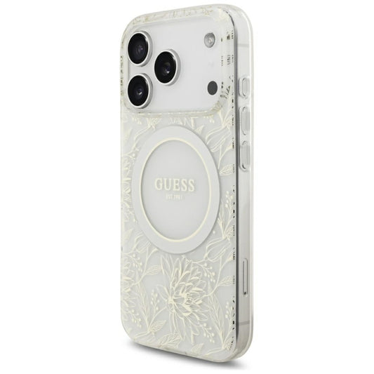 MagSafe tok Apple iPhone 18 Pro / 17 Pro készülékhez, Guess, IML virágok gyöngyös pánttal, fehér