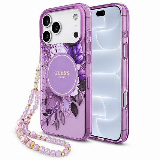 MagSafe tok Apple iPhone 18 Pro / 17 Pro készülékhez, Guess, IML Flowers with Pearl Strap, lila