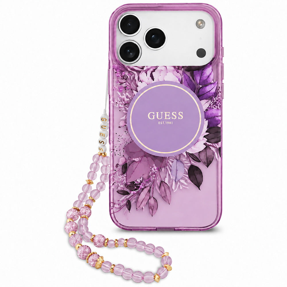 MagSafe tok Apple iPhone 18 Pro / 17 Pro készülékhez, Guess, IML Flowers with Pearl Strap, lila