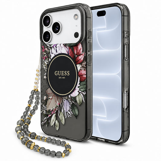 MagSafe tok Apple iPhone 18 Pro / 17 Pro készülékhez, Guess, IML Flowers with Pearl Strap, fekete