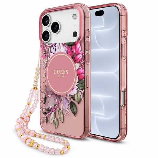 MagSafe tok Apple iPhone 18 Pro / 17 Pro készülékhez, Guess, IML Flowers with Pearl Strap, rózsaszín