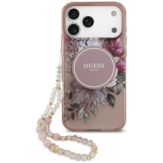 MagSafe tok Apple iPhone 18 Pro / 17 Pro készülékhez, Guess, IML Flowers with Pearl Strap, rózsaszín
