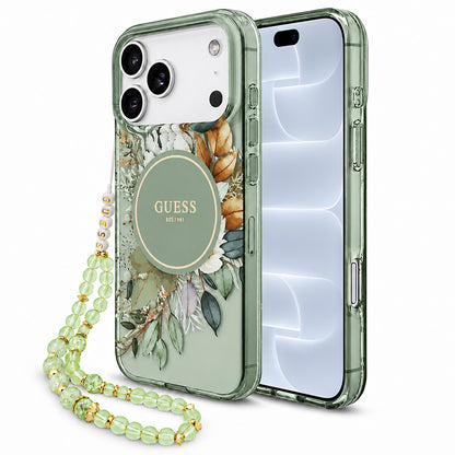 MagSafe Case for Apple iPhone 18 Pro / 17 Pro, Guess, IML Flowers with Pearl Strap, Green