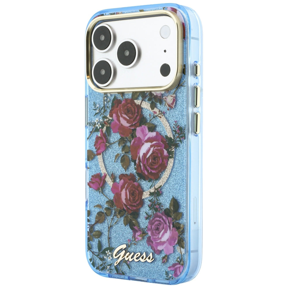 MagSafe Case for Apple iPhone 18 Pro / 17 Pro, Guess, IML Glitter Blossom Roses, Blue