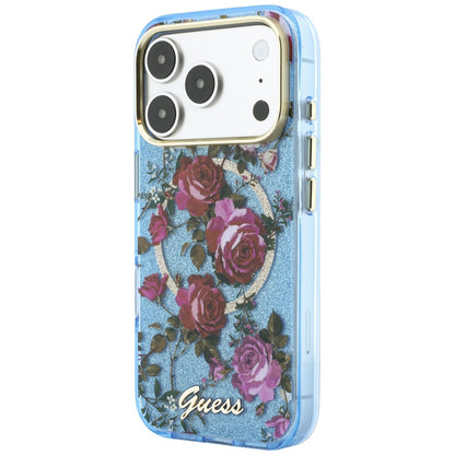 MagSafe Case for Apple iPhone 18 Pro / 17 Pro, Guess, IML Glitter Blossom Roses, Blue
