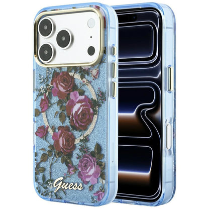 MagSafe Case for Apple iPhone 18 Pro / 17 Pro, Guess, IML Glitter Blossom Roses, Blue