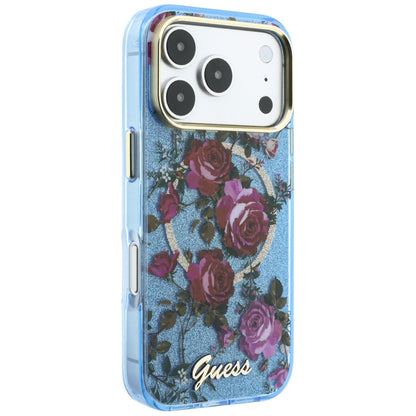 MagSafe Case for Apple iPhone 18 Pro / 17 Pro, Guess, IML Glitter Blossom Roses, Blue