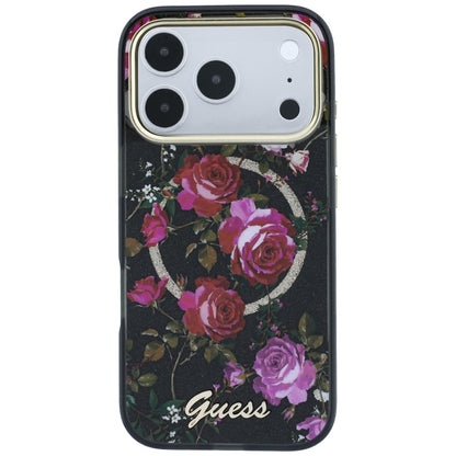 MagSafe Case for Apple iPhone 18 Pro / 17 Pro, Guess, IML Glitter Blossom Roses, Black