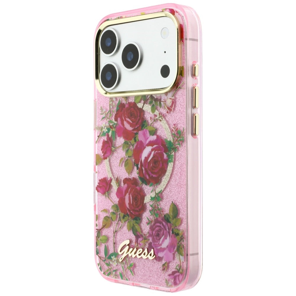 MagSafe Case for Apple iPhone 18 Pro / 17 Pro, Guess, IML Glitter Blossom Roses, Pink