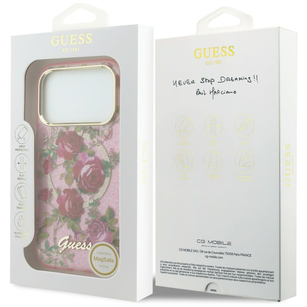 MagSafe Case for Apple iPhone 18 Pro / 17 Pro, Guess, IML Glitter Blossom Roses, Pink