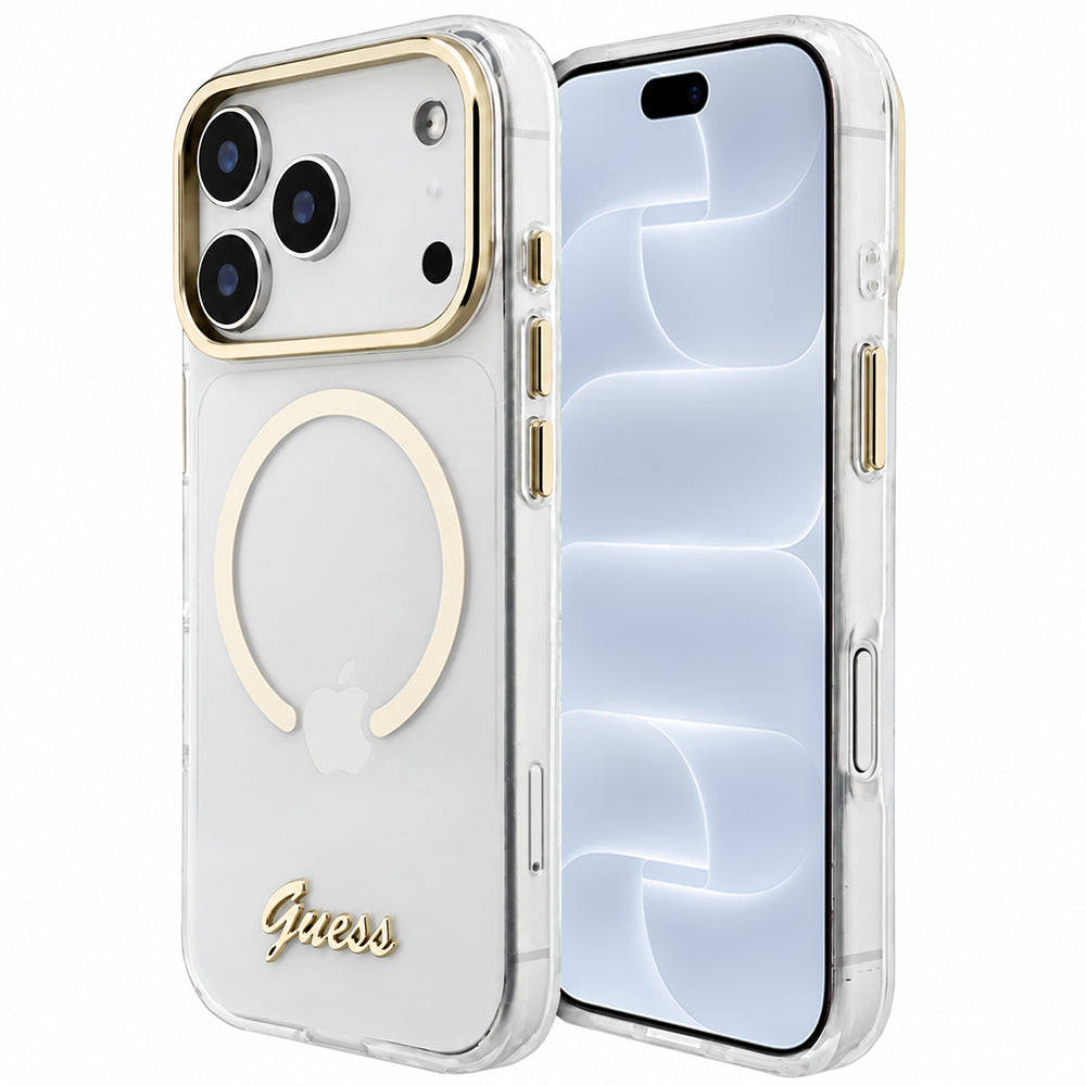 MagSafe tok Apple iPhone 18 Pro / 17 Pro készülékhez, Guess, IML Script Metal, átlátszó