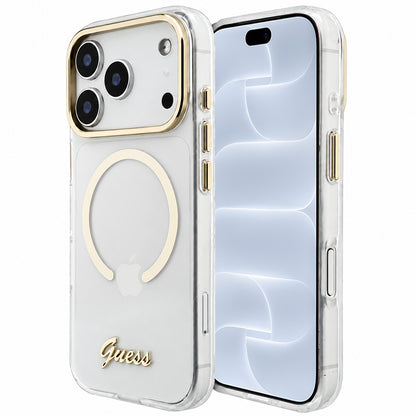 MagSafe tok Apple iPhone 18 Pro / 17 Pro készülékhez, Guess, IML Script Metal, átlátszó