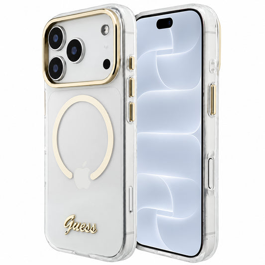 MagSafe tok Apple iPhone 18 Pro / 17 Pro készülékhez, Guess, IML Script Metal, átlátszó
