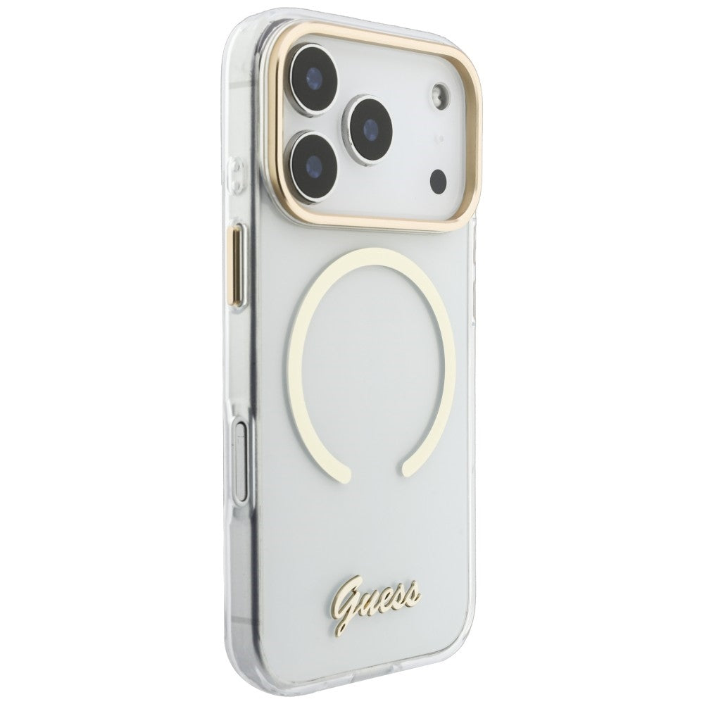 MagSafe tok Apple iPhone 18 Pro / 17 Pro készülékhez, Guess, IML Script Metal, átlátszó