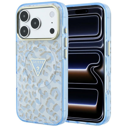 MagSafe tok Apple iPhone 18 Pro / 17 Pro-hoz, Guess, Leopárd Csillogó Háromszög Logó, Kék