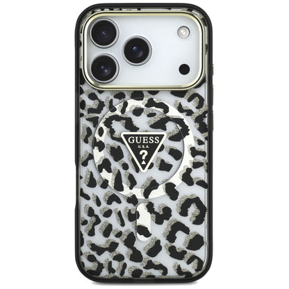 MagSafe Case for Apple iPhone 18 Pro / 17 Pro, Guess, Leopard Glitter Triangle Logo, Black