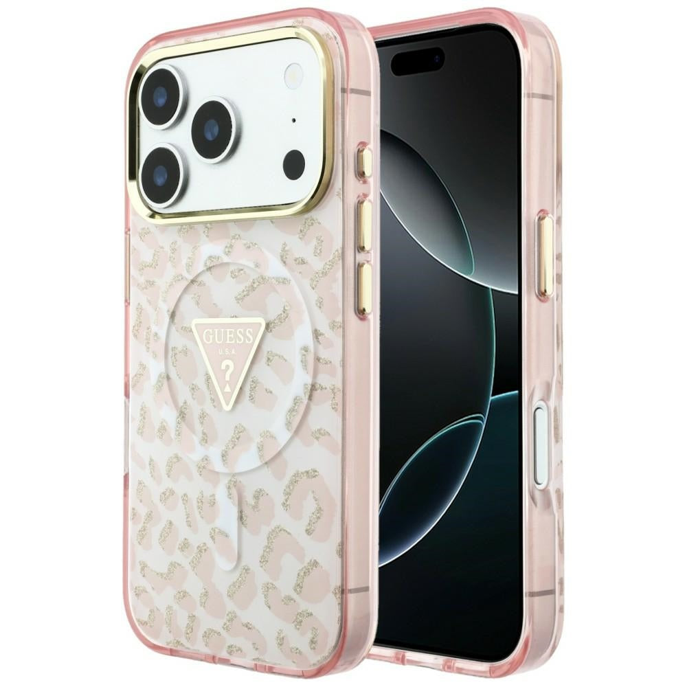 MagSafe Case for Apple iPhone 18 Pro / 17 Pro, Guess, Leopard Glitter Triangle Logo, Pink