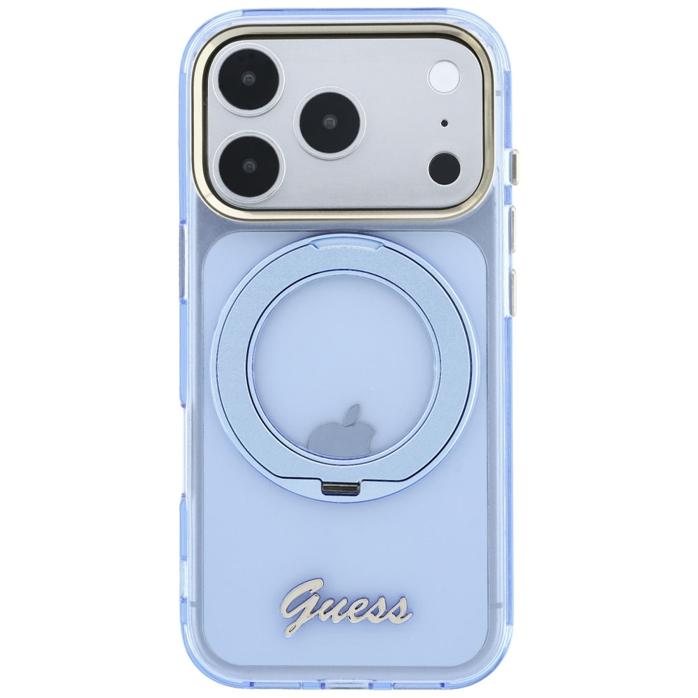 MagSafe tok Apple iPhone 18 Pro / 17 Pro készülékhez, Guess, Ring Stand Script fém logó, kék