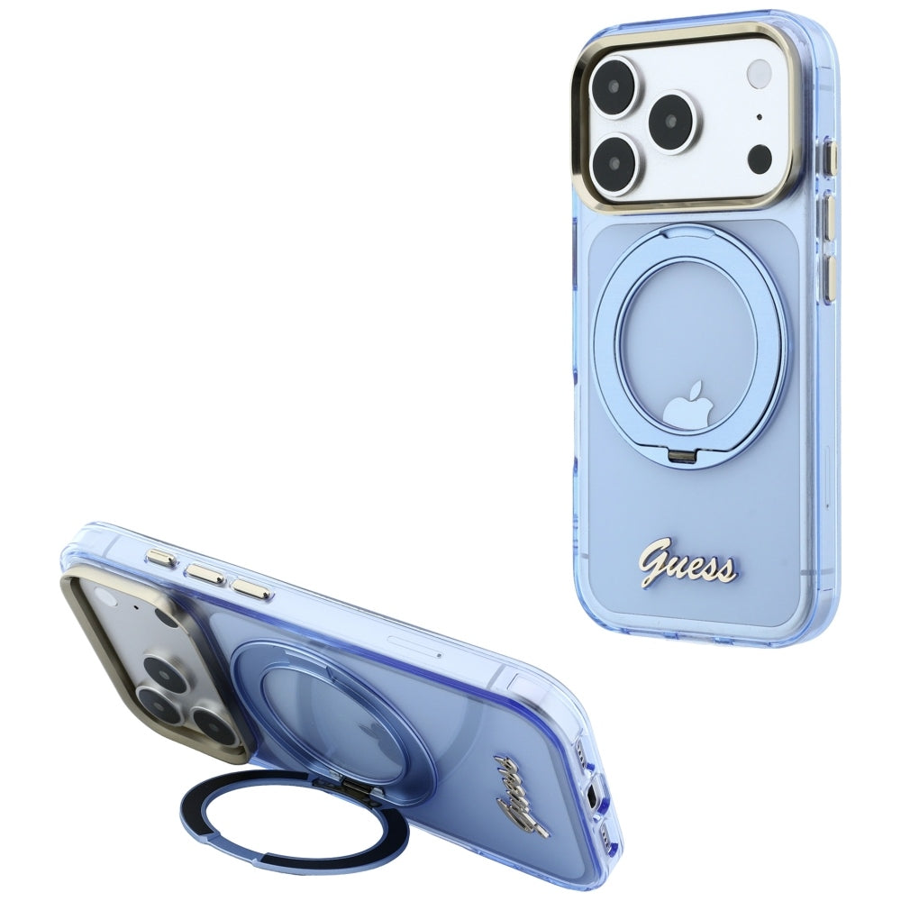 MagSafe tok Apple iPhone 18 Pro / 17 Pro készülékhez, Guess, Ring Stand Script fém logó, kék