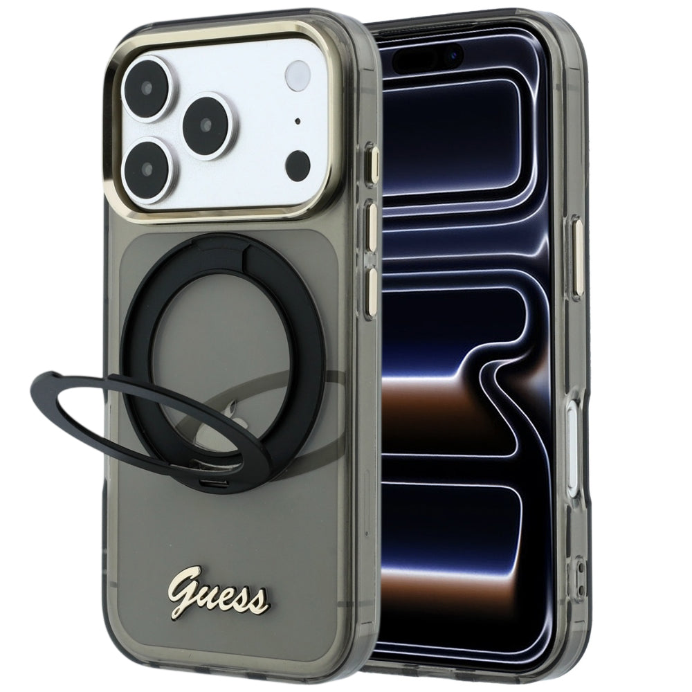 MagSafe tok Apple iPhone 18 Pro / 17 Pro készülékhez, Guess, Ring Stand Script fém logóval, fekete
