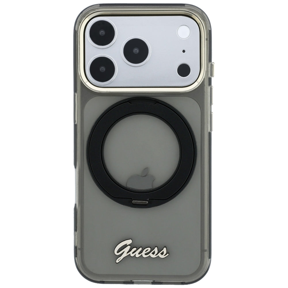 MagSafe tok Apple iPhone 18 Pro / 17 Pro készülékhez, Guess, Ring Stand Script fém logóval, fekete