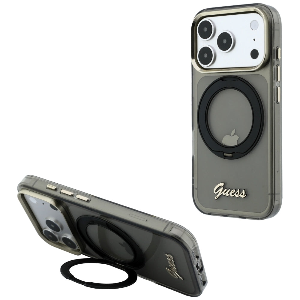 MagSafe tok Apple iPhone 18 Pro / 17 Pro készülékhez, Guess, Ring Stand Script fém logóval, fekete