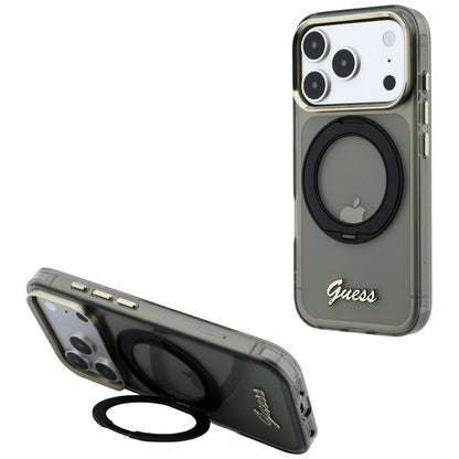 MagSafe tok Apple iPhone 18 Pro / 17 Pro készülékhez, Guess, Ring Stand Script fém logóval, fekete