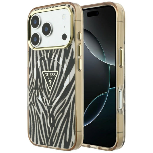 MagSafe tok Apple iPhone 18 Pro / 17 Pro készülékhez, Guess, Zebra csillogó háromszög logó, Arany