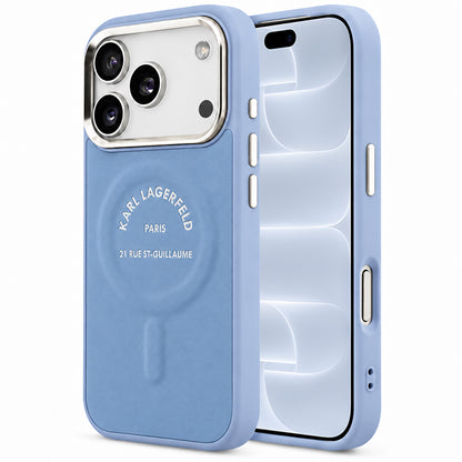 MagSafe tok Apple iPhone 18 Pro / 17 Pro készülékhez, Karl Lagerfeld, dombornyomott, nyitott gyűrűs RSG logóval, kék színben
