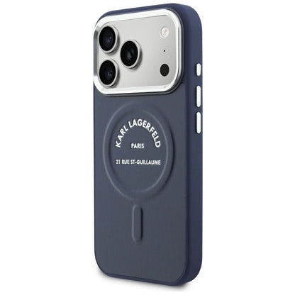 MagSafe tok Apple iPhone 18 Pro / 17 Pro készülékhez, Karl Lagerfeld, dombornyomott, nyitott gyűrűs RSG logóval, kék színben