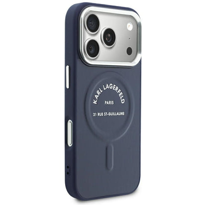 MagSafe tok Apple iPhone 18 Pro / 17 Pro készülékhez, Karl Lagerfeld, dombornyomott, nyitott gyűrűs RSG logóval, kék színben
