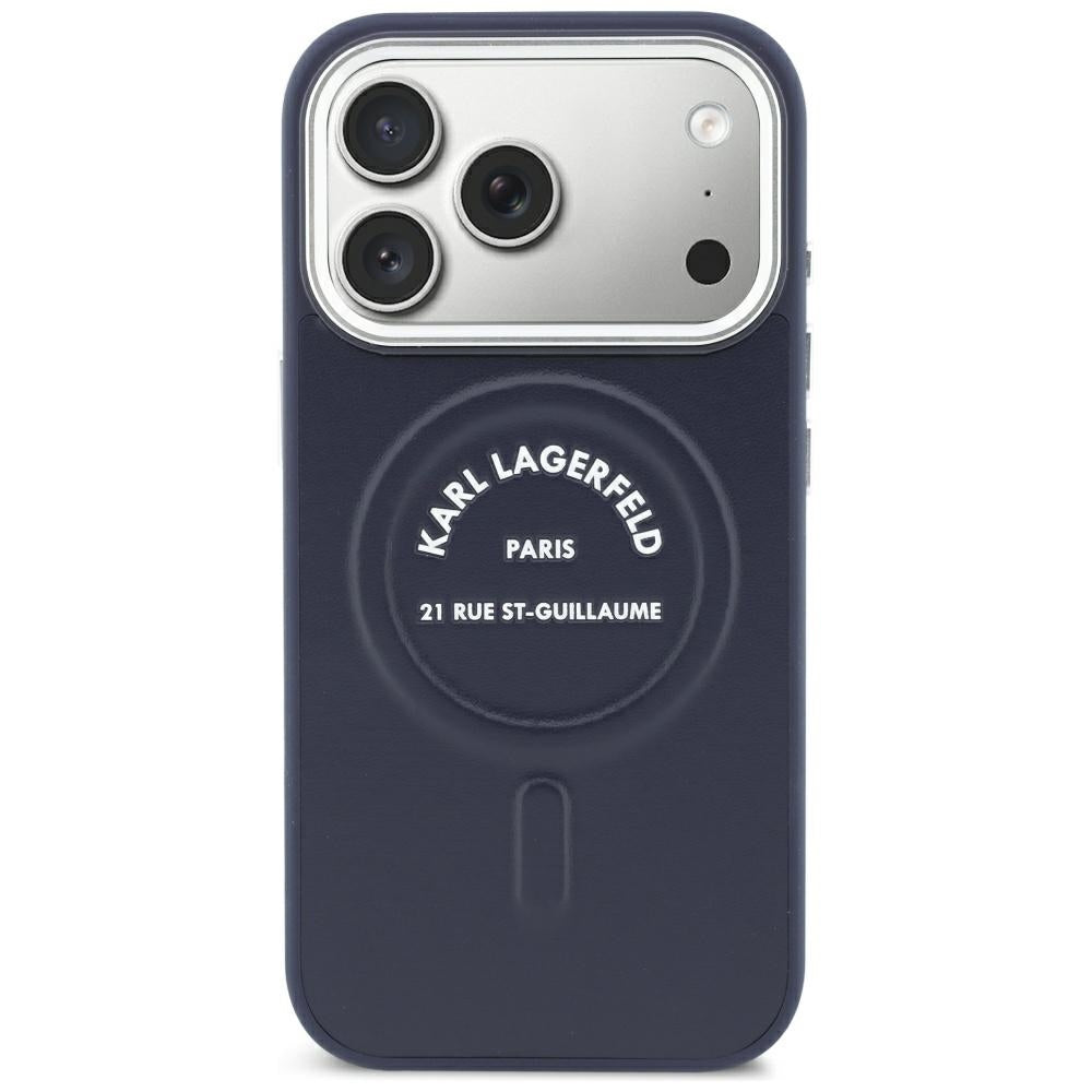 MagSafe tok Apple iPhone 18 Pro / 17 Pro készülékhez, Karl Lagerfeld, dombornyomott, nyitott gyűrűs RSG logóval, kék színben