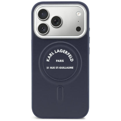 MagSafe tok Apple iPhone 18 Pro / 17 Pro készülékhez, Karl Lagerfeld, dombornyomott, nyitott gyűrűs RSG logóval, kék színben