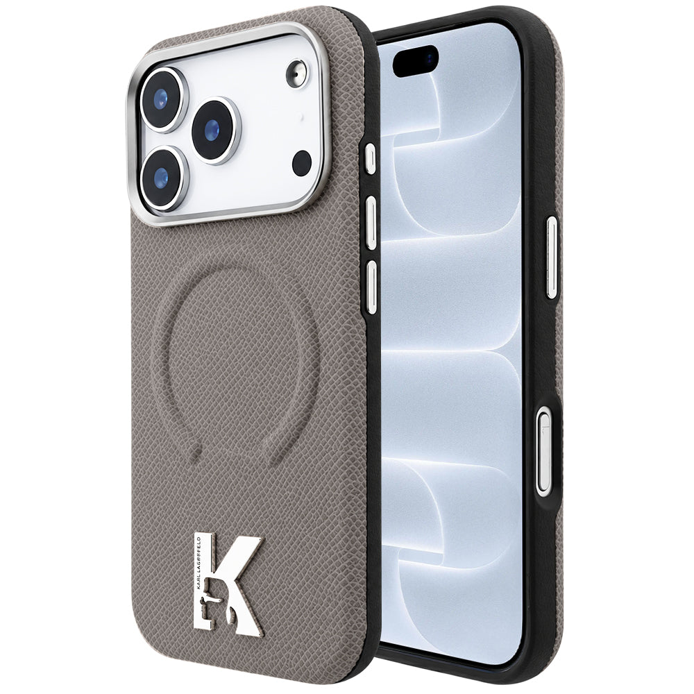 MagSafe tok Apple iPhone 18 Pro / 17 Pro-hoz, Karl Lagerfeld, szemcsés dombornyomott gyűrű, bézs
