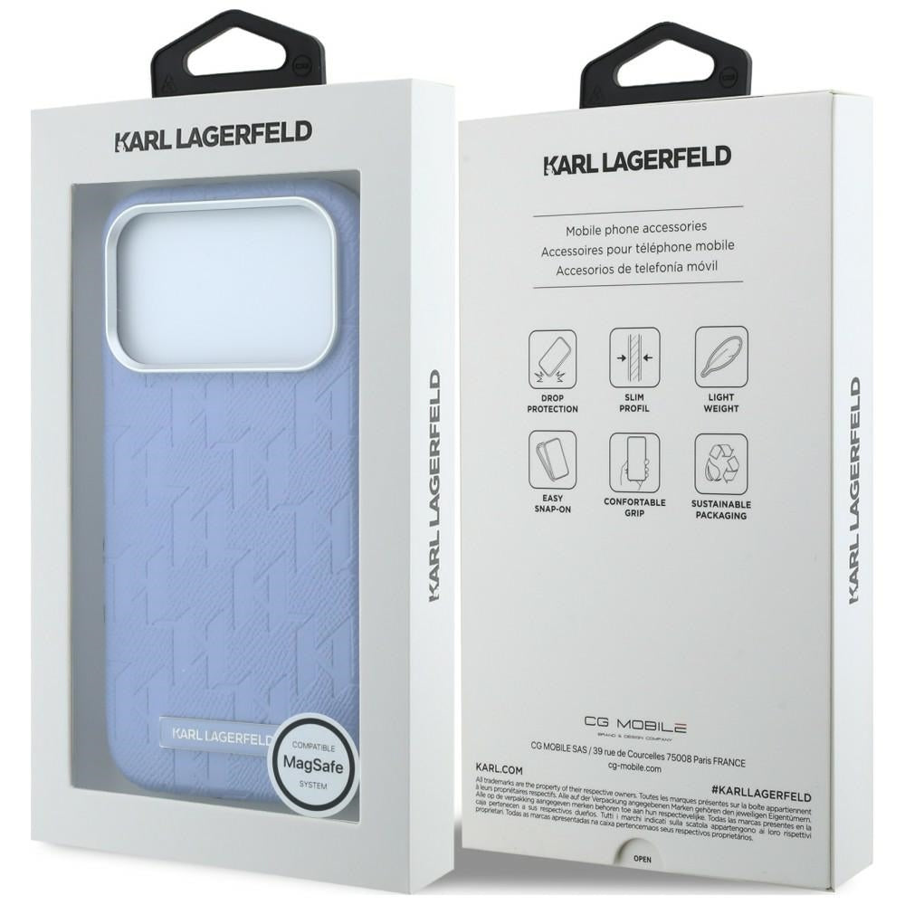 MagSafe tok Apple iPhone 18 Pro / 17 Pro-hoz, Karl Lagerfeld, szemcsés mono gyanta logó, kék