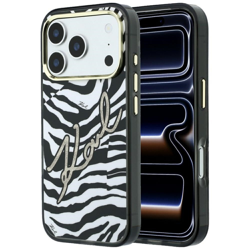 MagSafe tok Apple iPhone 18 Pro / 17 Pro számára, Karl Lagerfeld, HC IML Signature Zebra Glitter Gold, Fekete
