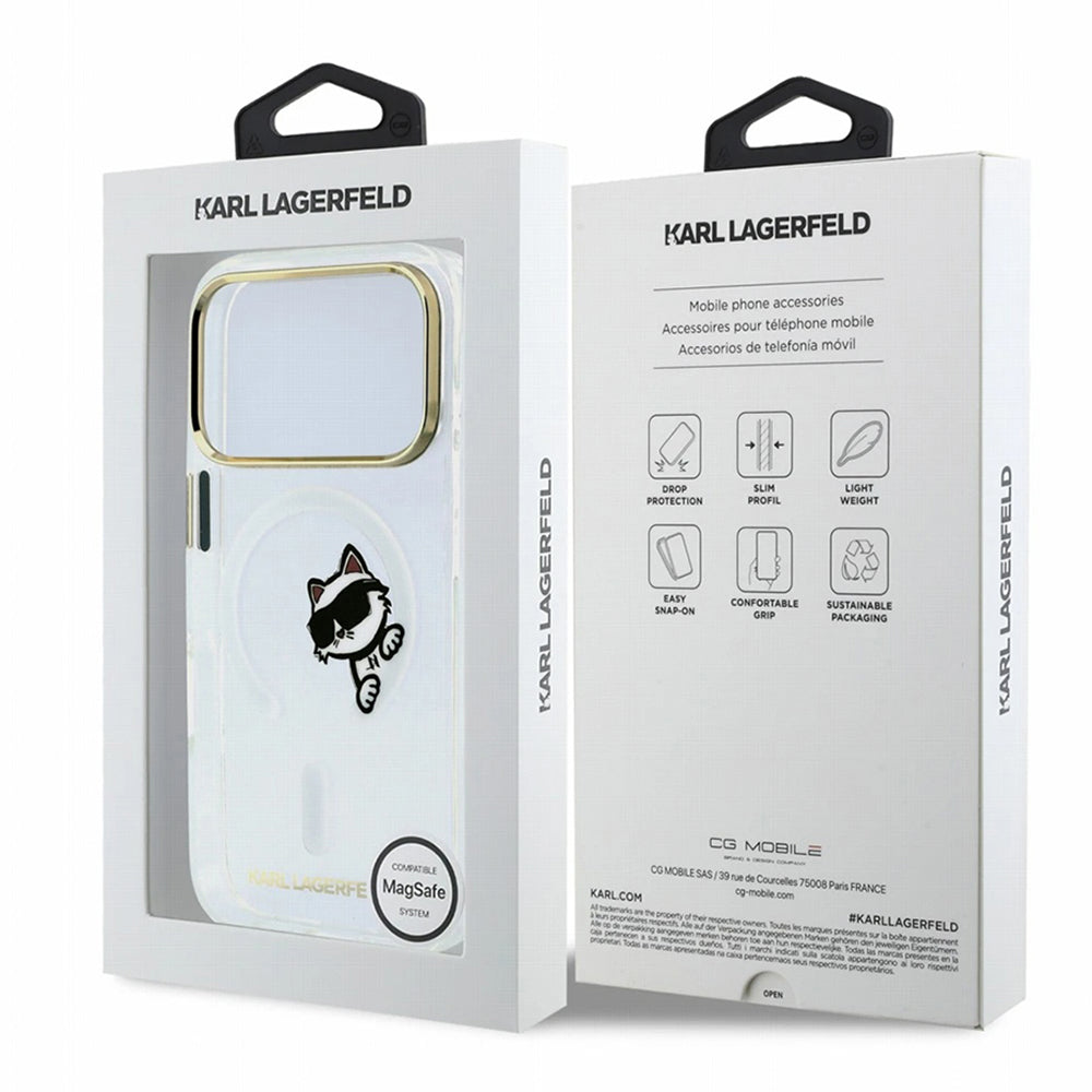 MagSafe tok Apple iPhone 18 Pro / 17 Pro számára, Karl Lagerfeld, IML Peekaboo nyomat és fém keret, átlátszó
