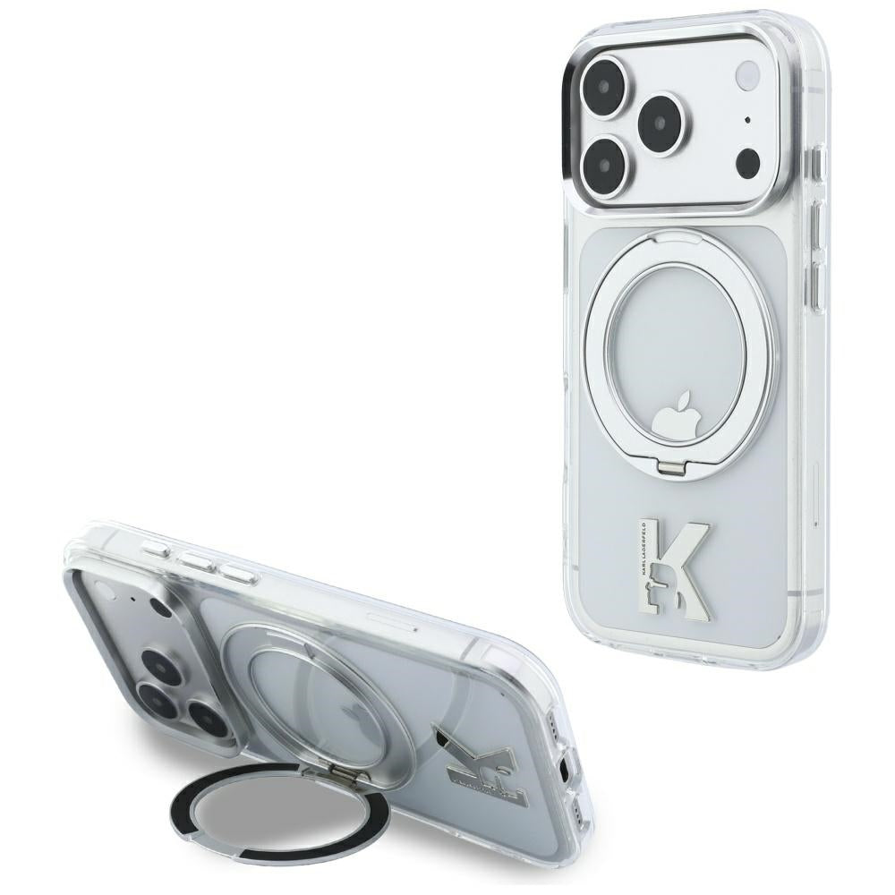 MagSafe tok Apple iPhone 18 Pro / 17 Pro készülékhez, Karl Lagerfeld, IML gyűrűs állvány Kameo fém, átlátszó