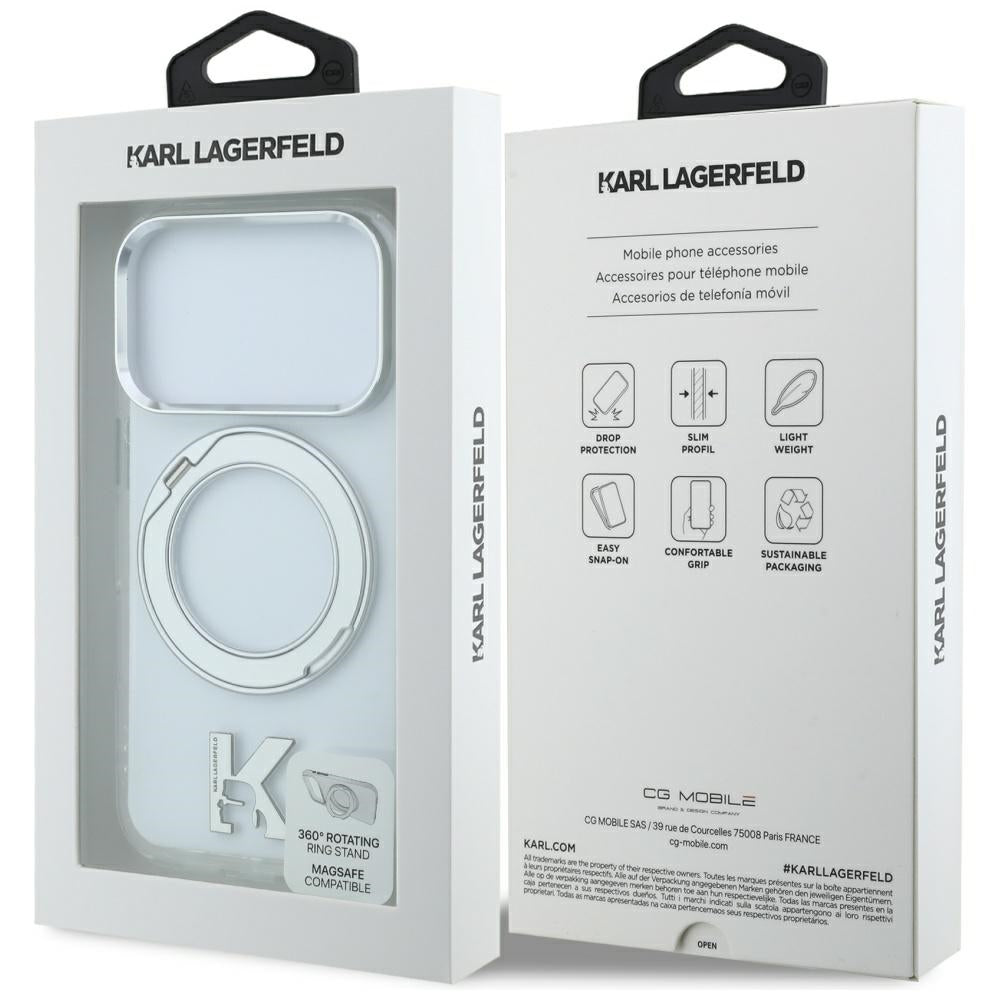 MagSafe tok Apple iPhone 18 Pro / 17 Pro készülékhez, Karl Lagerfeld, IML gyűrűs állvány Kameo fém, átlátszó